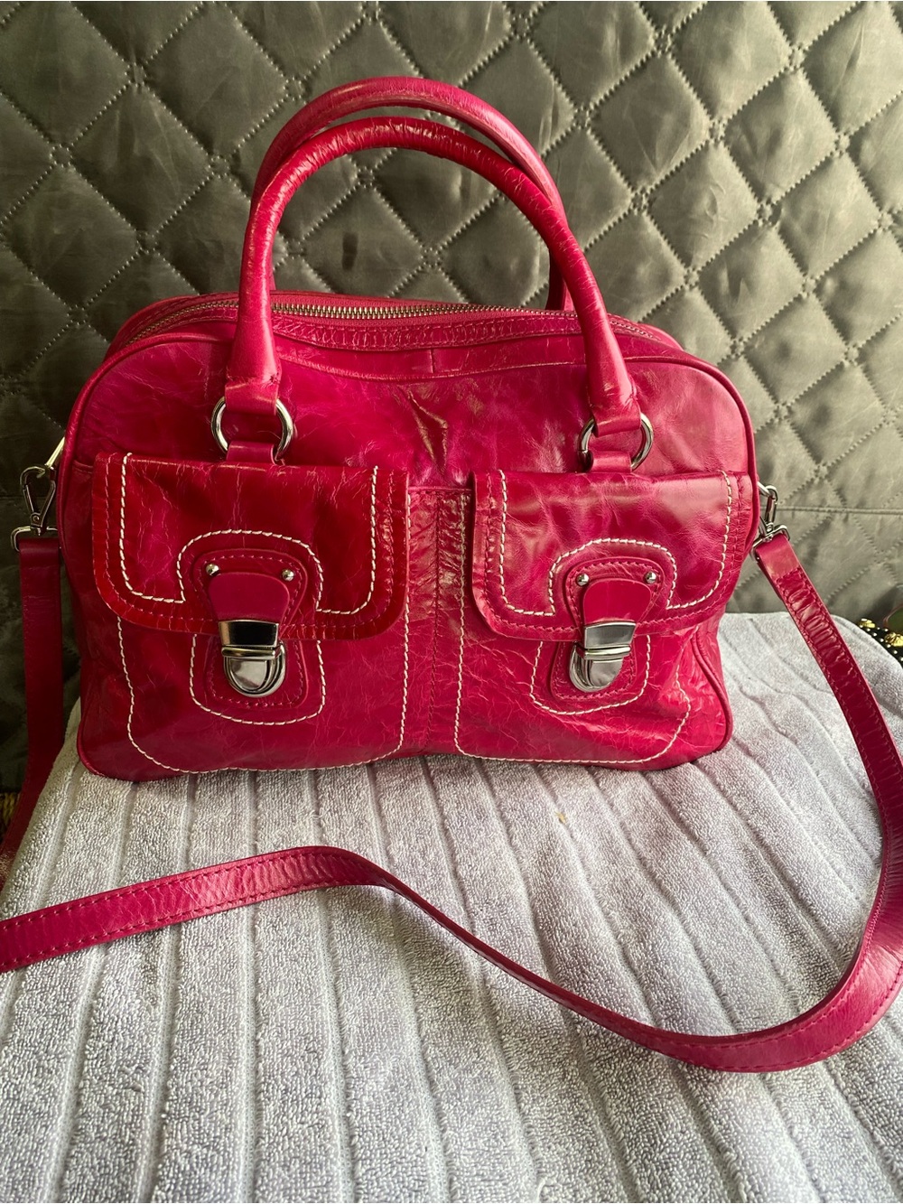 Vintage DANIER Fuchsia Pink Leather Utility Bag Cargo Satchel Crossbody Y2K